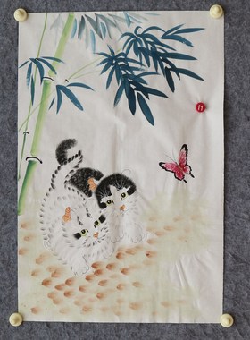 四尺三开花鸟画手绘国画葫芦竹子紫藤猫趣图客厅挂画特价HM572411