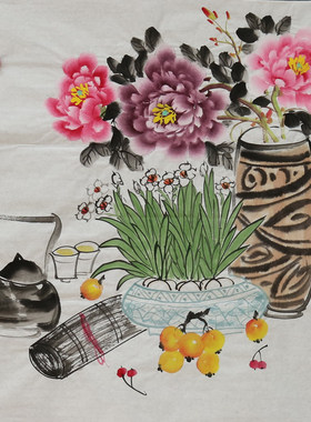 手绘花鸟国画清供图博古图客厅装饰挂画四尺斗方画芯特价HB58302