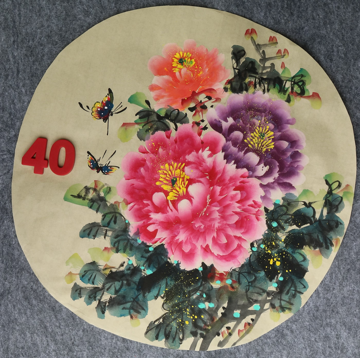 直径49厘米手绘花鸟圆形牡丹图字画国画客厅装饰挂画特价HA582340图片