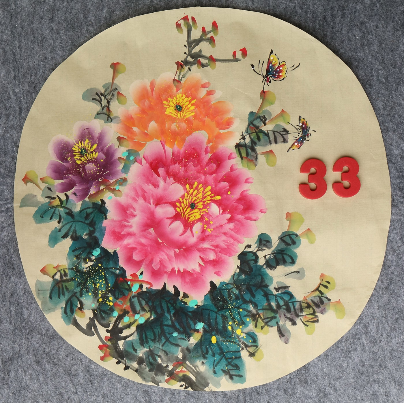 直径49厘米手绘花鸟圆形牡丹图字画国画客厅装饰挂画特价HA582333图片