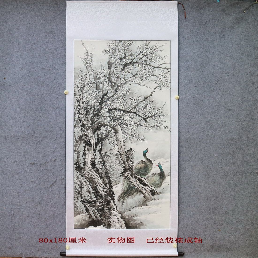手绘精品花鸟卷轴国画枇杷鸟梅花孔雀客厅装饰挂画特价HA5011802