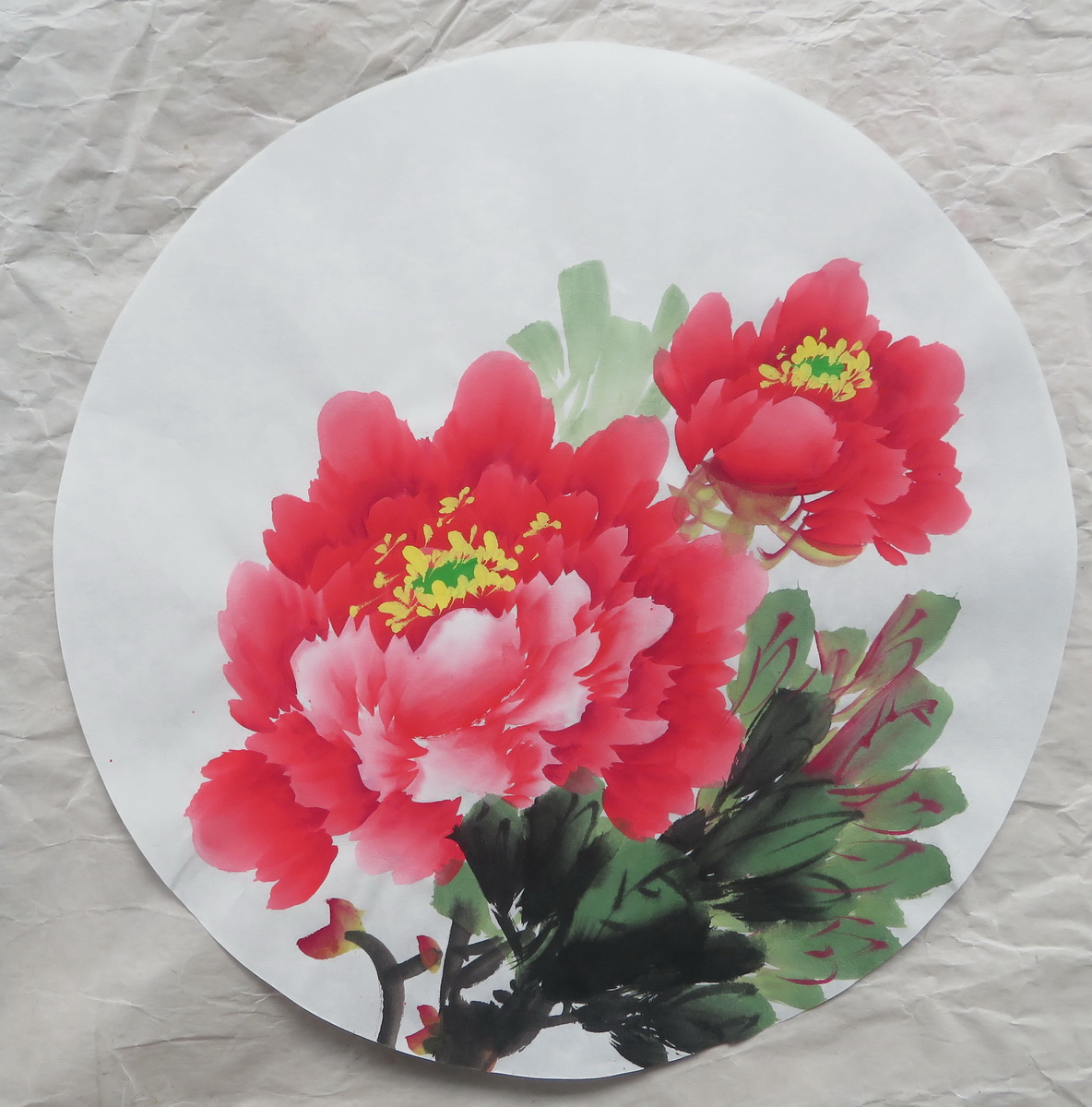 特价全手绘圆形花鸟国画牡丹图无款宣纸画客厅装饰字画he21206062