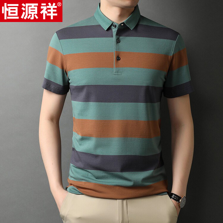 恒源祥夏季新款男士纯棉短袖t恤男中年爸爸装条纹翻领男装POLO衫