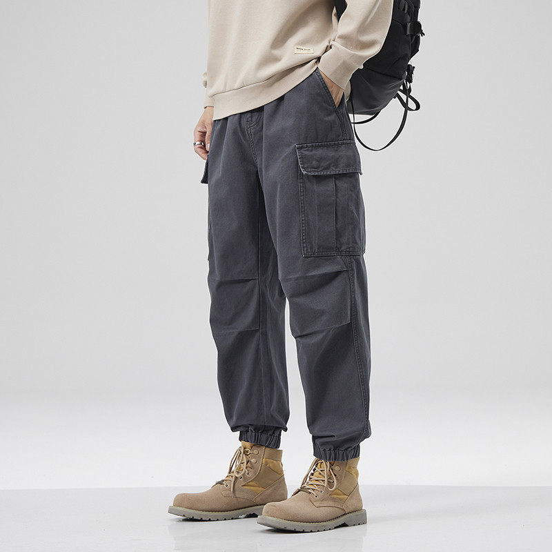 美式复古宽松纯棉束脚工装裤男春秋季多口袋休闲潮牌哈伦裤长裤子