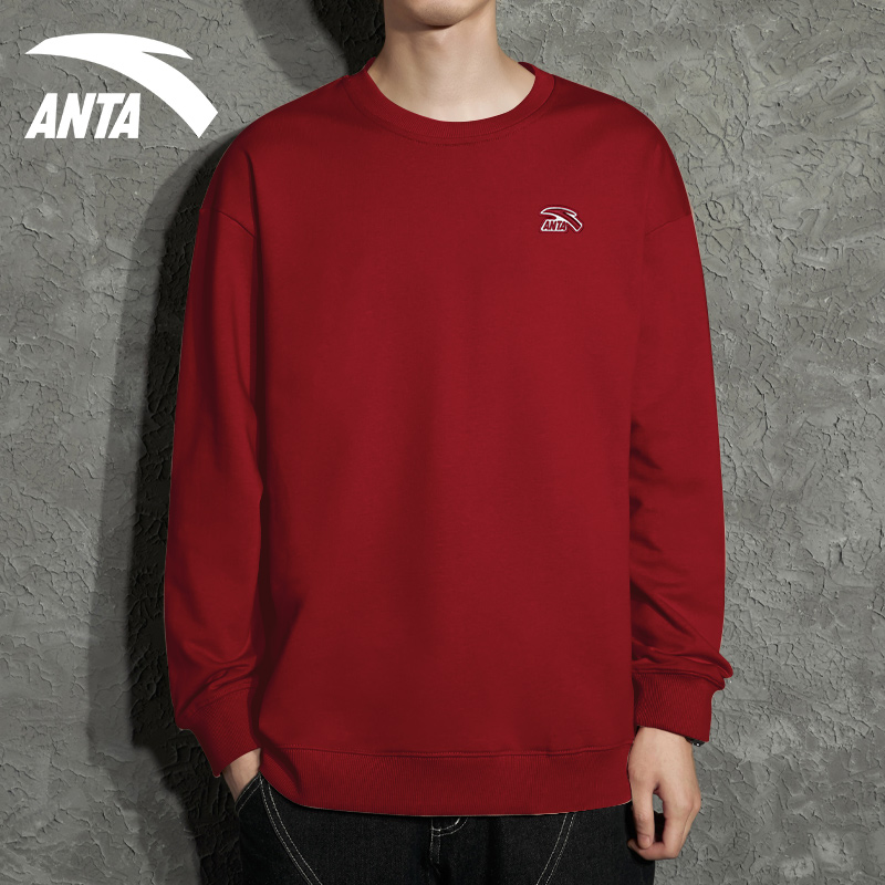 安踏卫衣男士圆领宽松红色套头衫