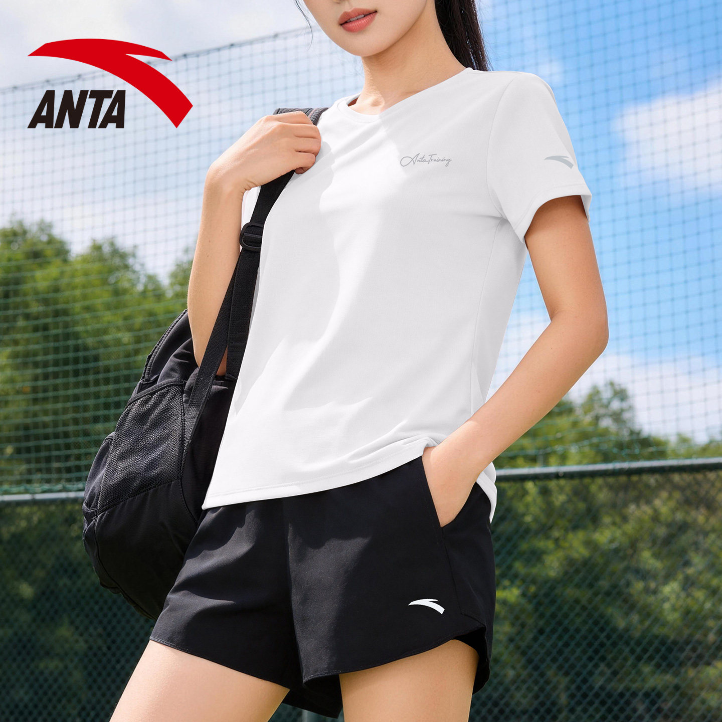 安踏速干运动套装女士夏季新款冰丝透气短袖短裤体测健身跑步服女