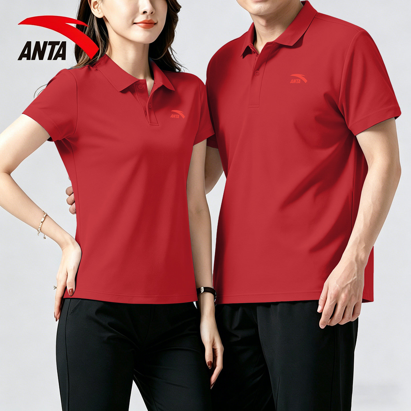 安踏红色工作服polo衫男女运动服图片