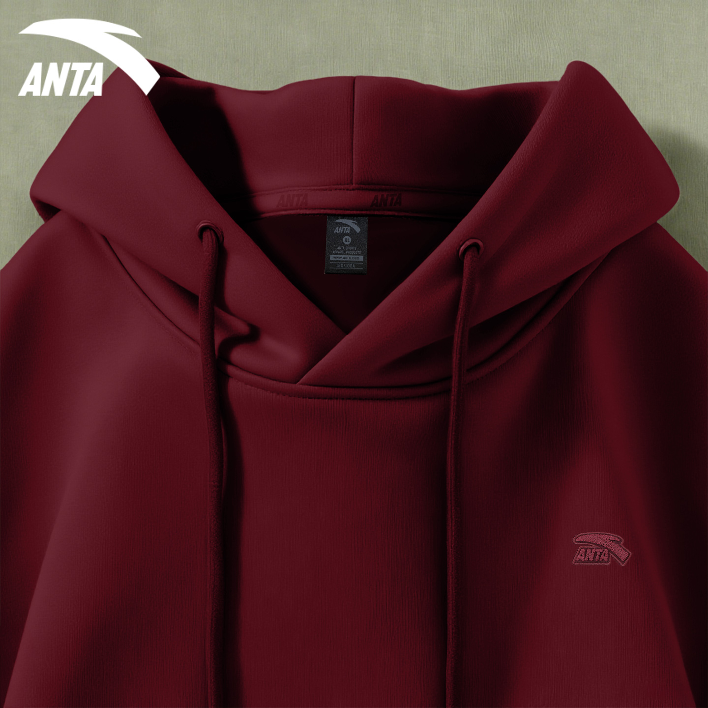 安踏连帽卫衣男款酒红色套头衫