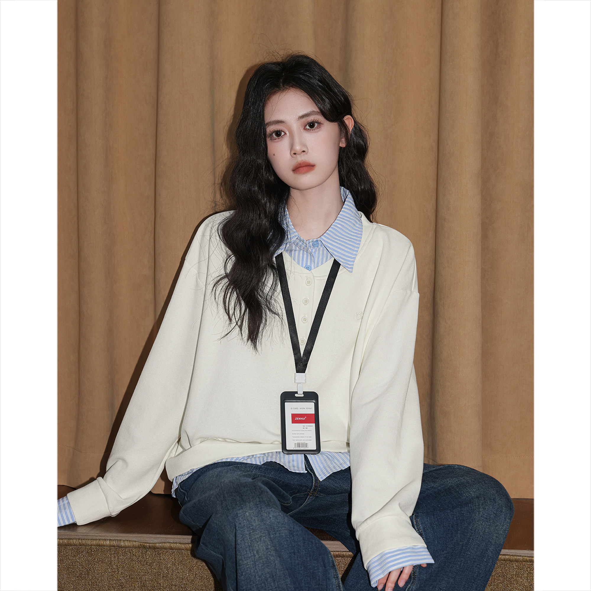 微wu剪标假两件POLO领卫衣女