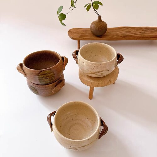 美浓烧复古粗陶双耳甜品汤碗