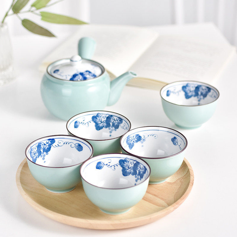 波佐见烧日本进口绿釉横手提梁茶具简约纯色茶水分离家用杯壶套装