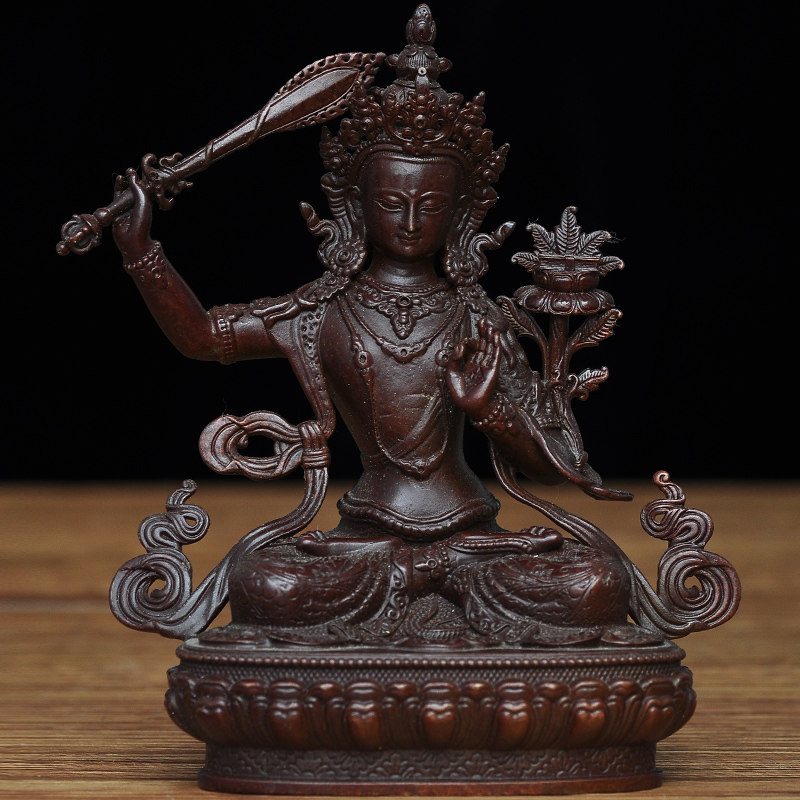 孺童文殊菩萨佛像摆件全铜华严三圣文殊菩萨持剑客厅家居 神像