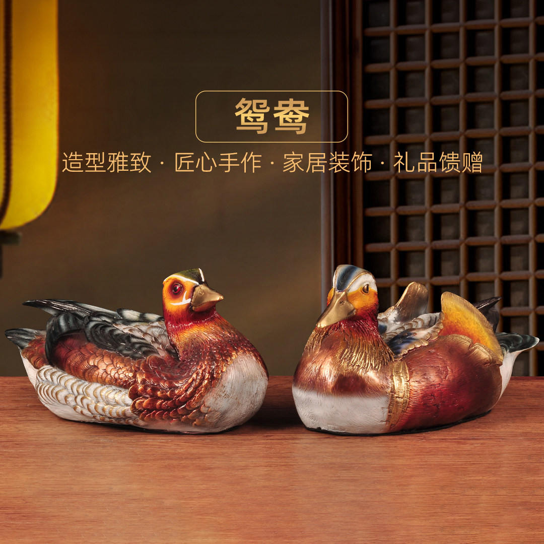 彩铜鸳鸯双栖摆件一对鸳鸯百年好