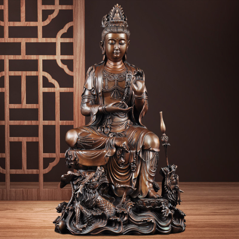 紫铜观音像摆件骑龙观世音菩萨家居客厅装饰品寺庙佛堂佛像供奉