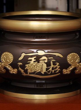 黄铜深啡招财圆唇香炉家用财神关公观音供奉上香的烧香插香线香炉