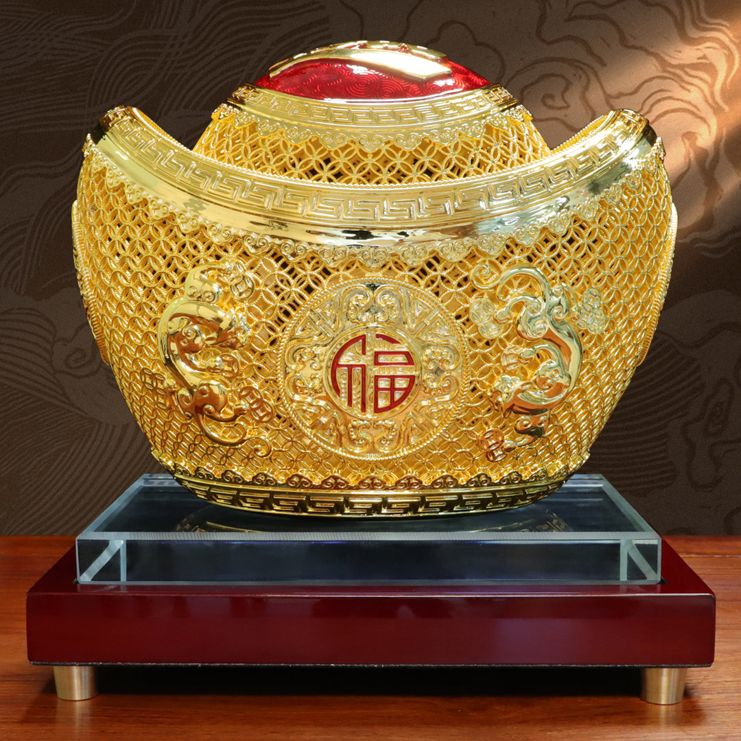 黄铜花丝元宝摆件招财铜元宝黄金万两家居客厅玄关装饰品开业礼品