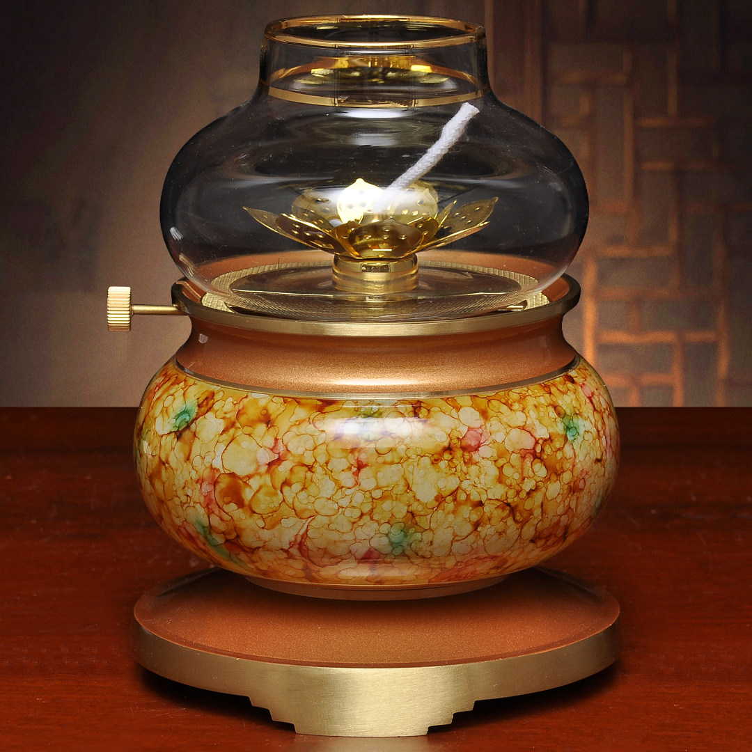 黄铜珍珠红多彩调光油灯酥油灯防风灯座长明灯家用敬神供佛油灯