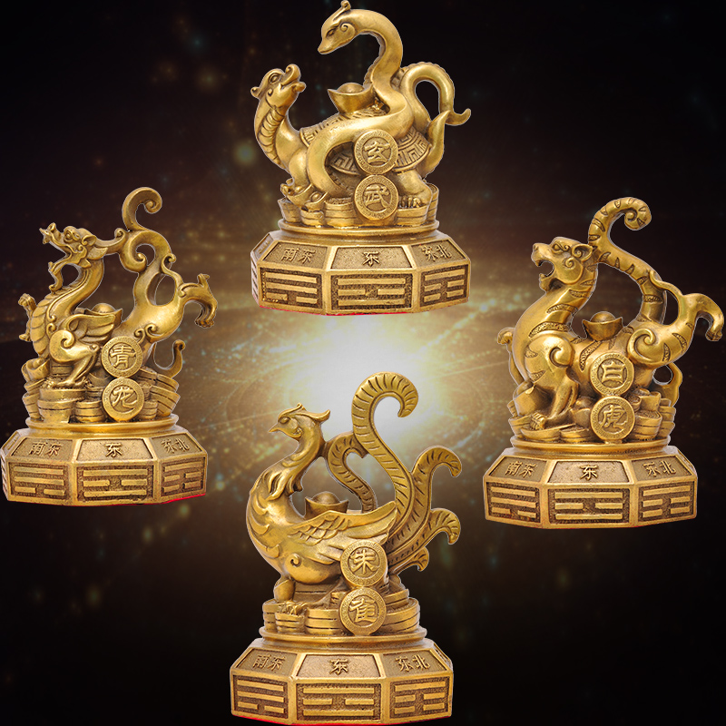 黄铜风水四方神兽摆件青龙白虎朱雀玄武四方神铜器一套家居摆设