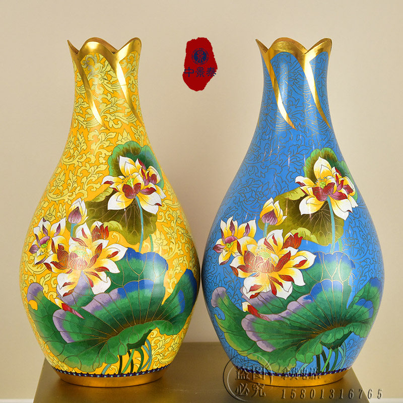 北京珐琅景泰蓝花瓶15寸荷花瓶纯手工铜胎掐丝工艺出国礼客厅摆件