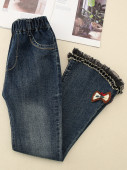 2025新款 春秋款 长裤 子洋气水洗软牛仔裤 微喇叭刺绣宝宝裤 女童春装