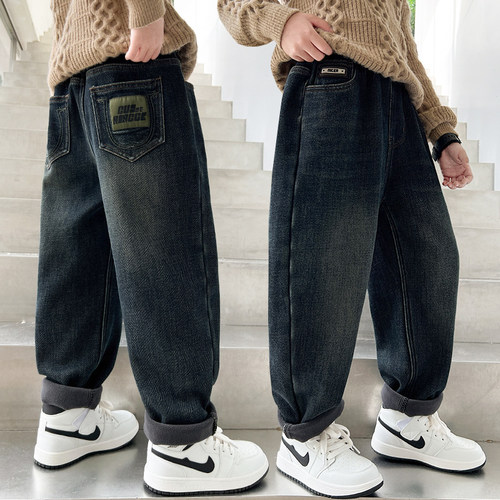 冬天男童加绒牛仔裤中大童一体绒保暖长裤加厚宽松长裤棉裤中大童