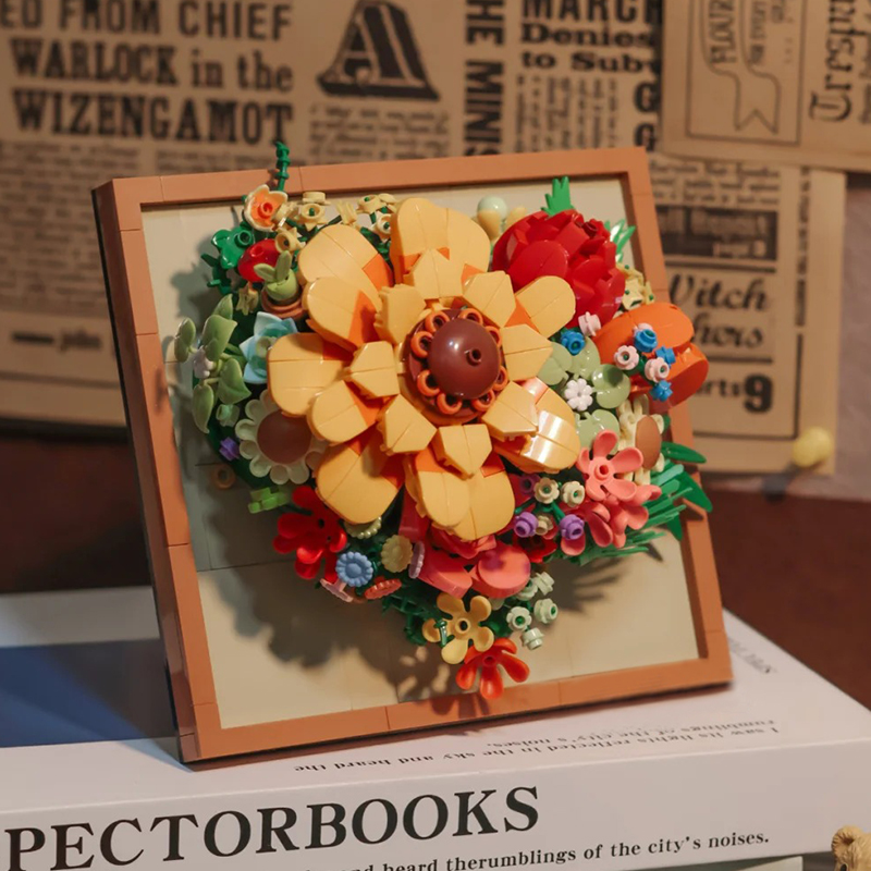 相框立体画玫瑰向日葵花束拼装女孩花适用于乐高积木拼图玩具摆件