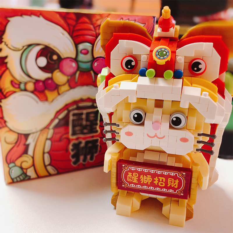 loz醒狮招财猫国潮积木
