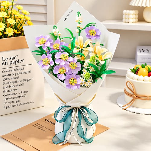 积木花拼装手工花束单支女孩拼图玩具向日葵玫瑰花康乃馨百合礼物