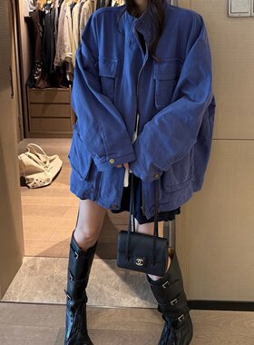 大口袋工装风衣外套女2026早秋新款立领宽松显瘦水洗纯棉夹克上衣