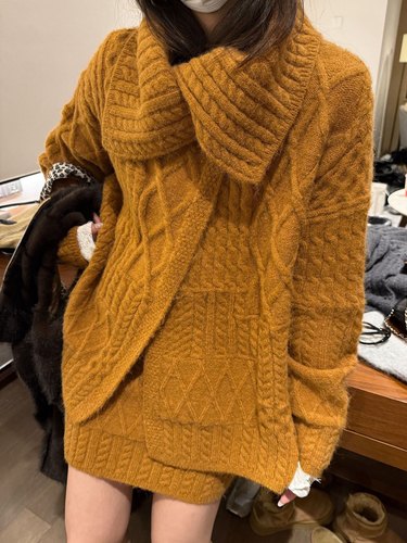 2025新款女装秋冬复古麻花毛衣针织开衫毛衣外套+半裙两件套套装