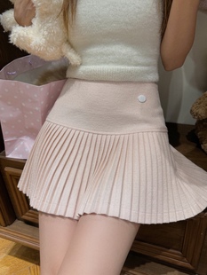 新款 显瘦修身 秋冬季 时尚 50%羊毛浅粉色百褶半裙 韩版 2023女装