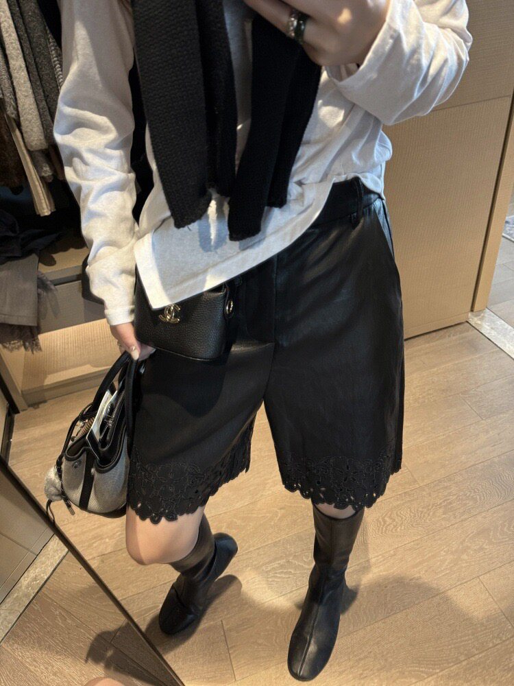 复古镂空PU皮中裤女秋冬新极简风高腰显瘦高级感百搭休闲五分裤