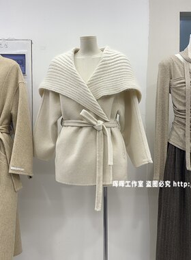 2026新款女装秋冬款韩版修身系带大翻领羊毛大衣外套女