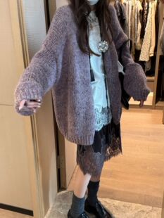 2026秋冬新款慵懒风毛衣女宽松软糯羊毛混纺针织开衫外套上衣带帽