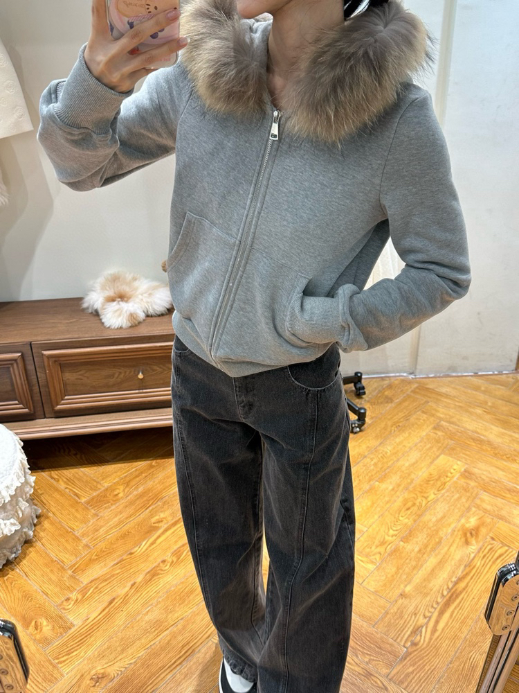 6cm进口全真貂子毛领加绒灰色卫衣女厚外套冬开衫连帽毛领上衣潮