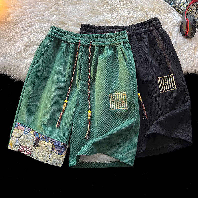 清仓捡漏刺绣小熊休闲短裤男士夏季国风潮牌宽松运动沙滩五分中裤