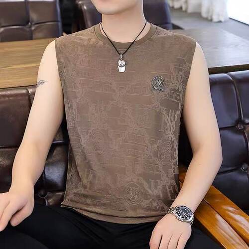 2025夏季新款男士高档冰丝提花背心加肥加大码速干坎肩无袖T恤衫