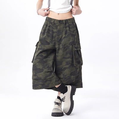 高个子美式复古高街潮流迷彩七分牛仔裤男女同款宽松直筒版型