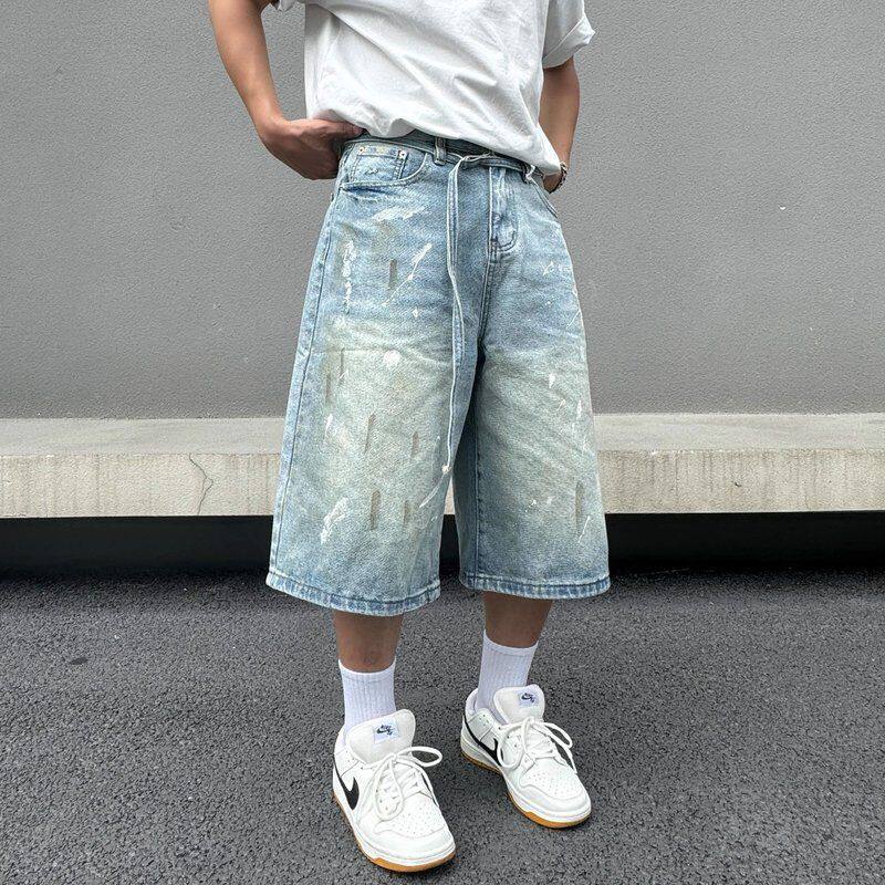 子潮夏季休闲七分裤牛仔短裤设计感泼墨新款浅蓝色宽松直筒男小众