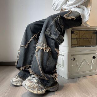 oversize男款工装裤毛边高街直筒美式阔腿裤子西海岸宽松牛仔裤潮