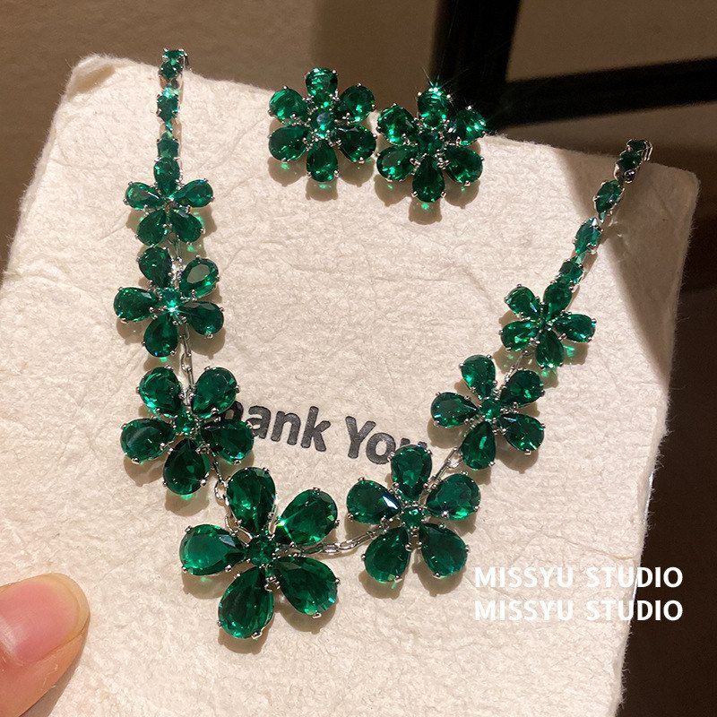绿宝石花朵莫吉托高级感欧美项饰批发项链轻奢锆石个性水滴链锁骨