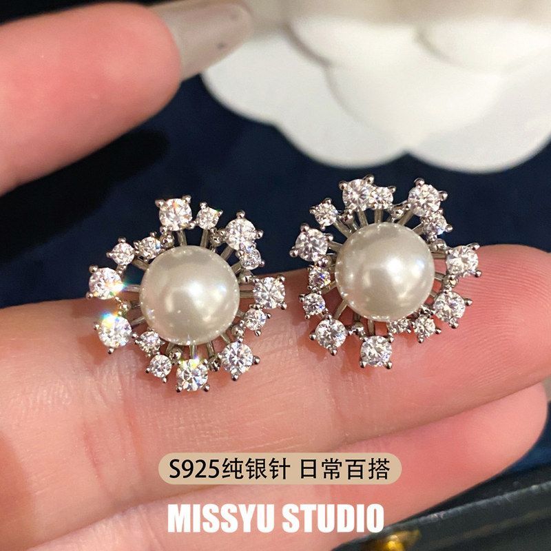复古烟花风耳环耳钉花朵针珍珠