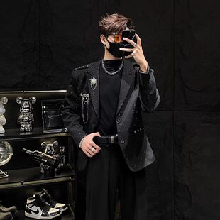 韩版宽松外套男挂链胸针工厂满天星高级感 小众黑色西服闪闪西装