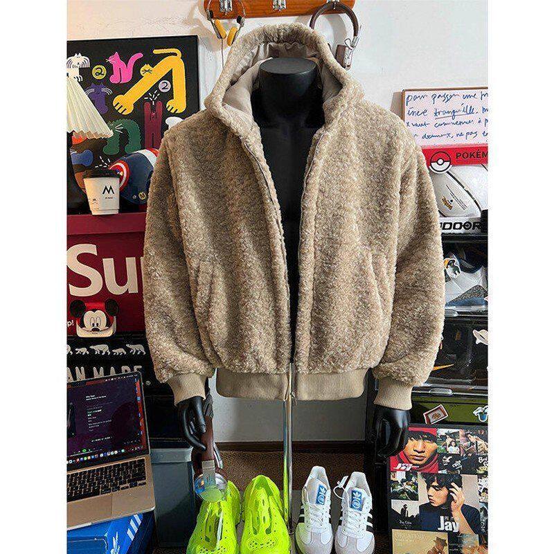 男冬季美式连帽卫衣高级感慵懒复古羊羔绒外套毛棉服加厚加绒开衫