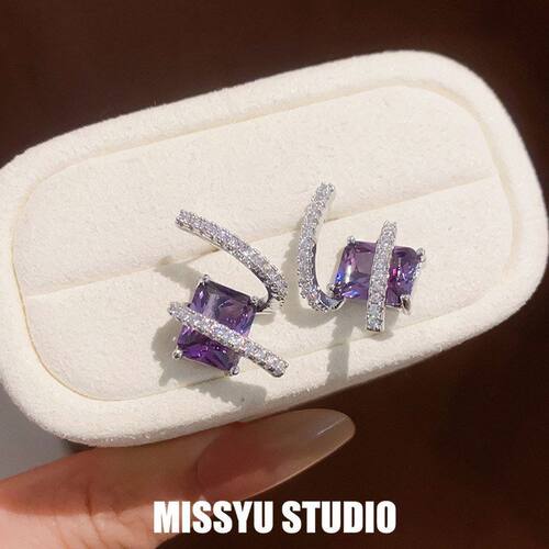 高级感！冷淡花园韩系梦幻紫色紫晶锆石耳环风方糖耳钉轻奢女耳饰