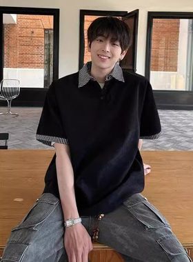 衬衫领衫高级感半截OLO拼接男款夏季PT恤假两件青少年黑色袖短袖