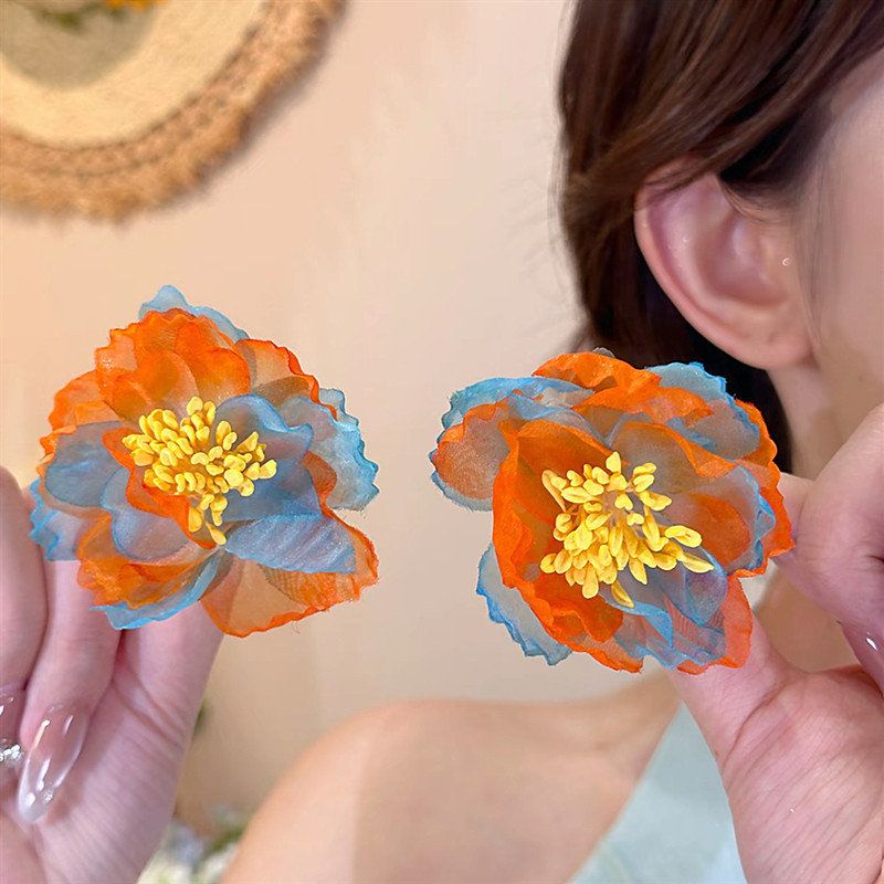 设计花朵银针耳钉百搭立体网纱