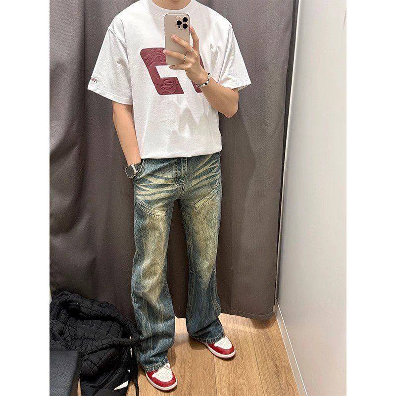 牛仔裤vibe春季c直筒高街anfit修身水洗复古潮牌男款le美式微喇裤