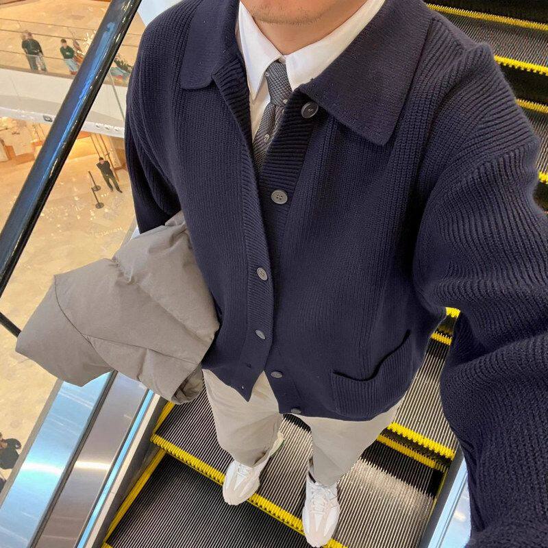 翻领外套穿男olo毛衣搭anfit线衣p通勤cle藏蓝色春秋开衫上班针织