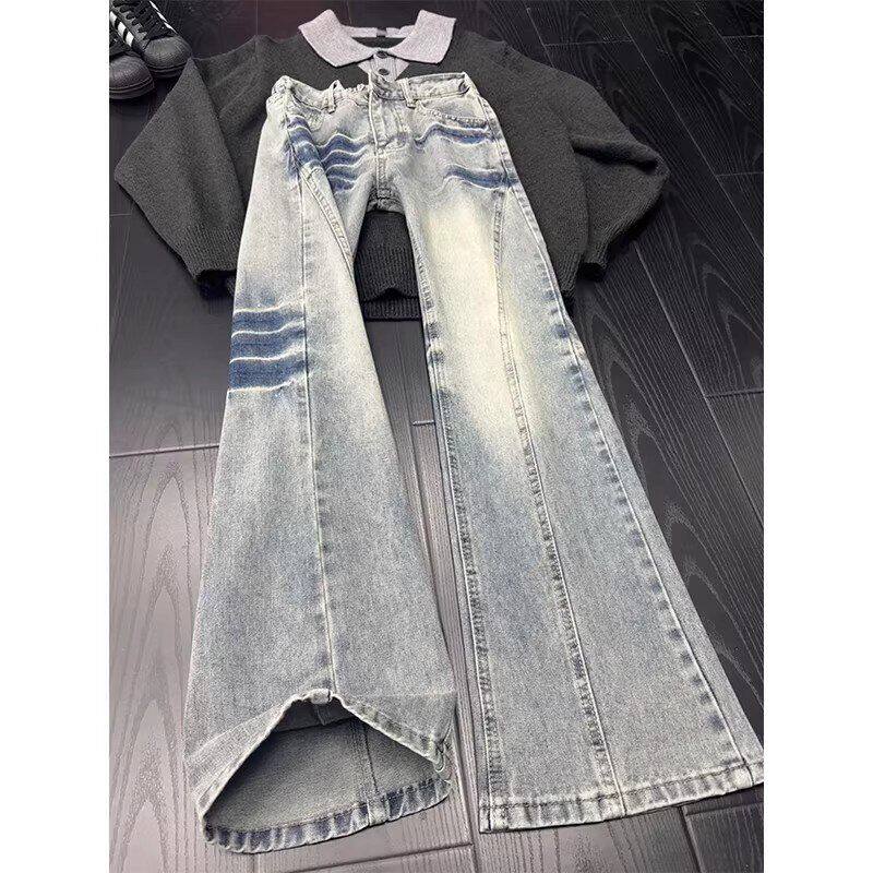 蓝色闪电显瘦纹斜切裤子显腿长修身牛仔裤vibe微喇裤男女高街美式